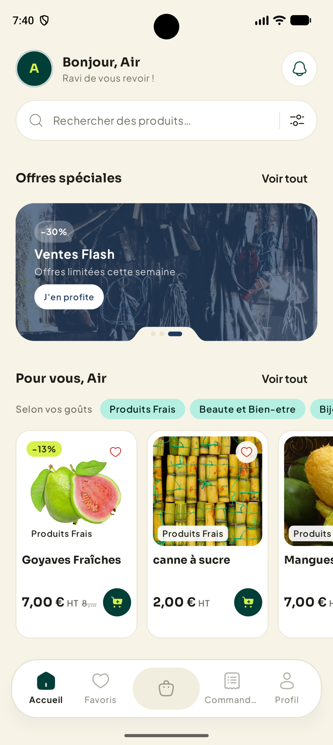Écran d’accueil : recherche, offres et catégories