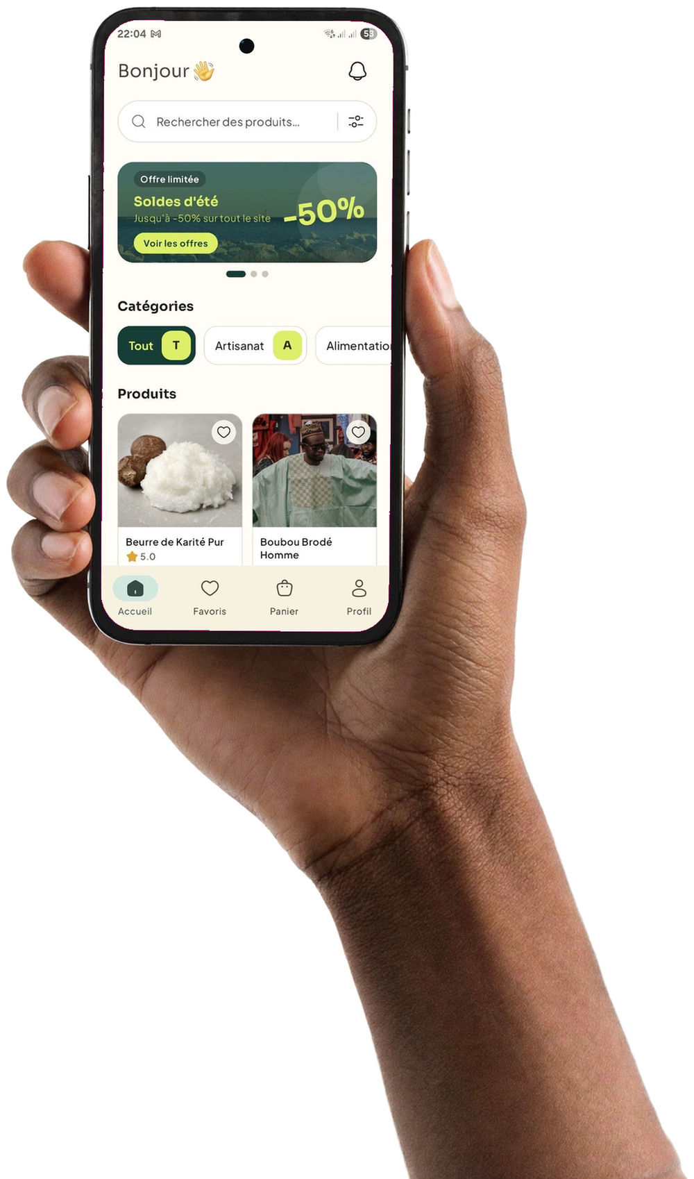 Une main tient un téléphone affichant l’accueil de l’application Zaamora
